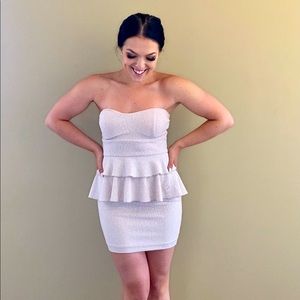 XS strapless and sparkly mini prom dress